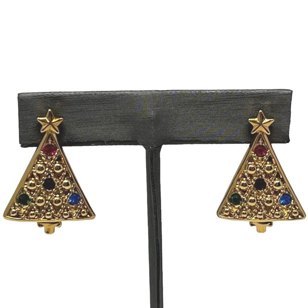 Vintage Avon Christmas Tree Earrings Rhinestones Dangle Holiday Pierced 1990s